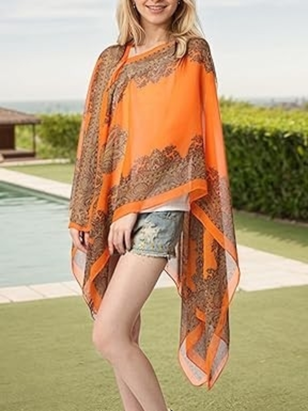 Orange Sheer Paisley Kimono Cover-Up